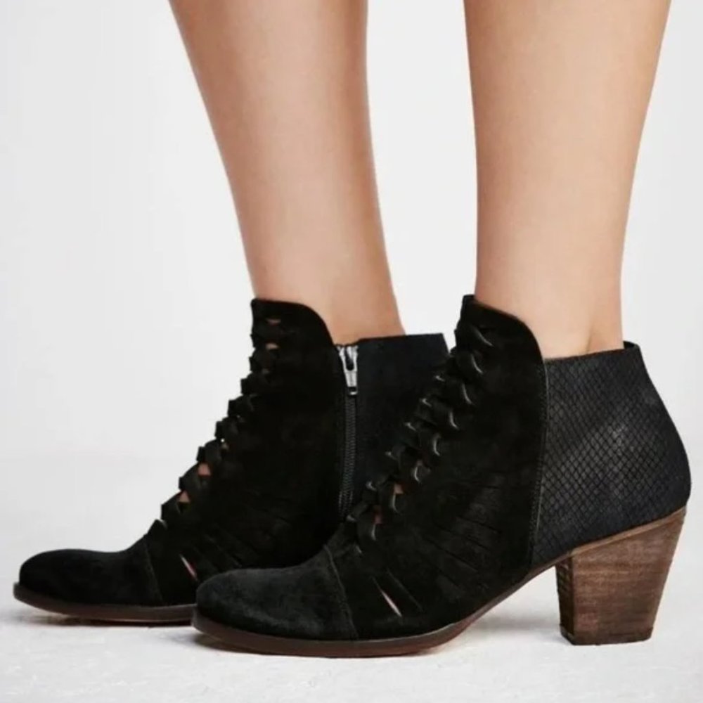 Free People Loveland Black Leather Suede Ankle Boots, Sz 9